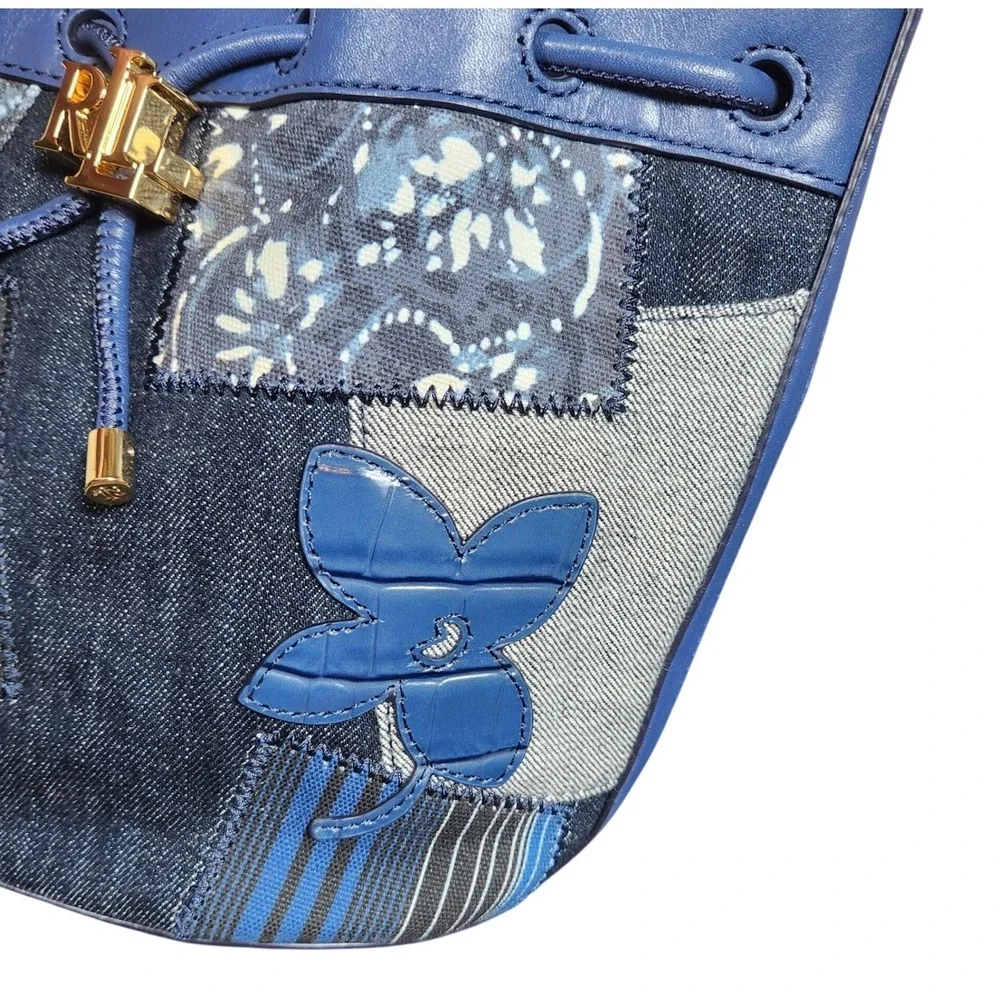 Lauren Ralph Lauren Denim Patchwork Andie Butterfly Bucket Bag Blue Gold NW $295